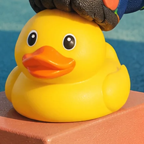 A yellow rubber duck with a black robotic paw resting on its head.