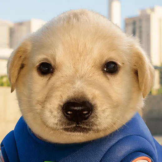 Close portrait of the Jotchua 3000 unit: a cream puppy face above a blue armoured collar.